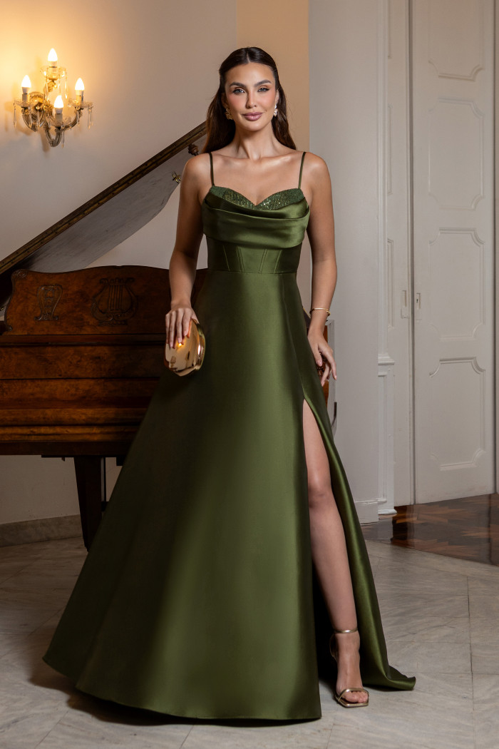 VESTIDO ANALU ZIBELINE BUSTO PAETÊ TIRAS COSTAS - VERDE OLIVA