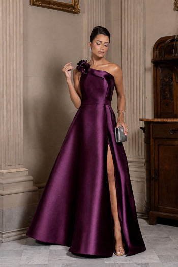 VESTIDO DE FESTA CLÁUDIA ZIBELINE UM OMBRO FLOR - ROXO