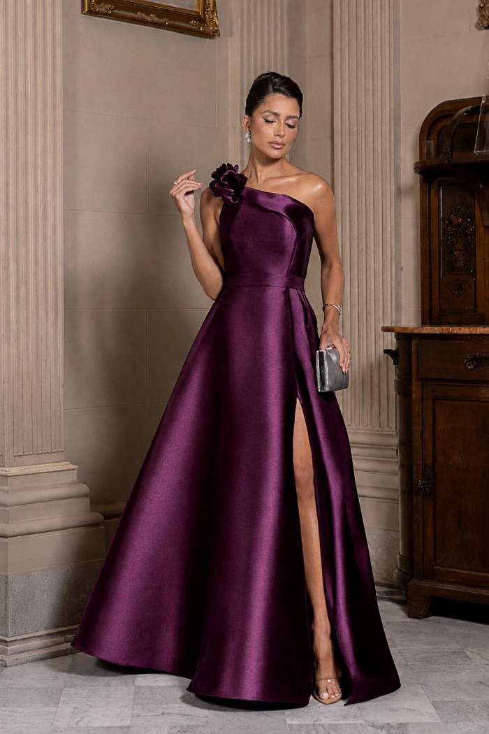 VESTIDO DE FESTA CLÁUDIA ZIBELINE UM OMBRO FLOR - ROXO