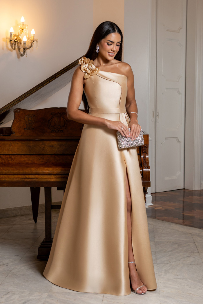 VESTIDO DE FESTA CLÁUDIA ZIBELINE UM OMBRO FLOR - CHAMPAGNE