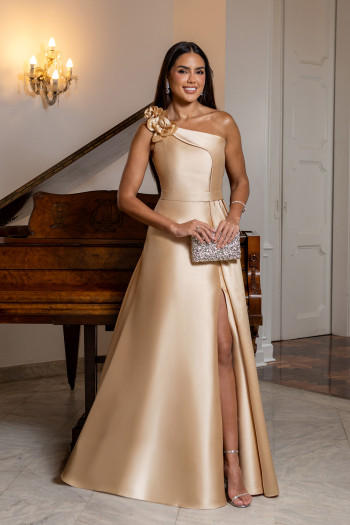VESTIDO DE FESTA CLÁUDIA ZIBELINE UM OMBRO FLOR - CHAMPAGNE