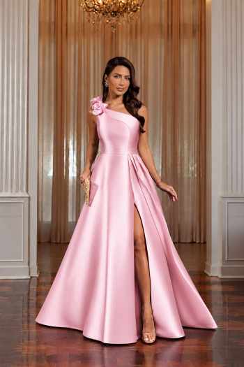 VESTIDO DE FESTA CLÁUDIA ZIBELINE UM OMBRO FLOR - ROSA BEBÊ
