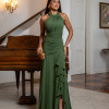 VESTIDO DE FESTA FRANCIELA GOLA ALTA FENDA BABADOS - VERDE OLIVA