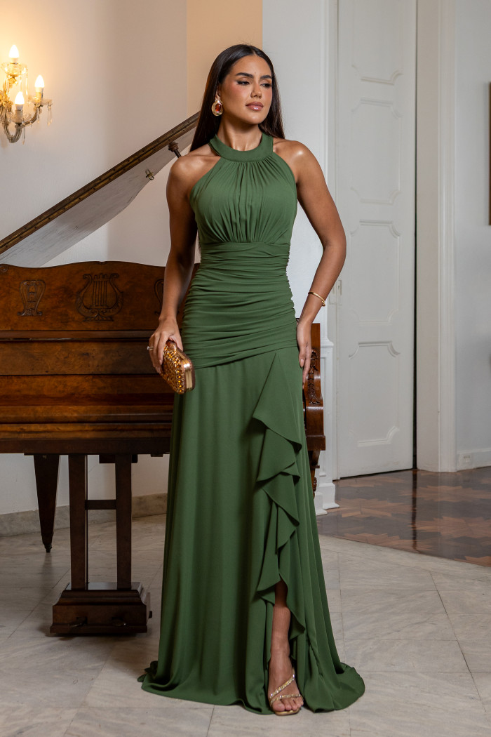 VESTIDO DE FESTA FRANCIELA GOLA ALTA FENDA BABADOS - VERDE OLIVA