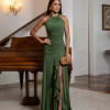 VESTIDO DE FESTA FRANCIELA GOLA ALTA FENDA BABADOS - VERDE OLIVA