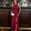 VESTIDO DE FESTA FRANCIELA GOLA ALTA FENDA BABADOS - MARSALA