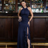 VESTIDO DE FESTA FRANCIELA GOLA ALTA FENDA BABADOS - AZUL MARINHO