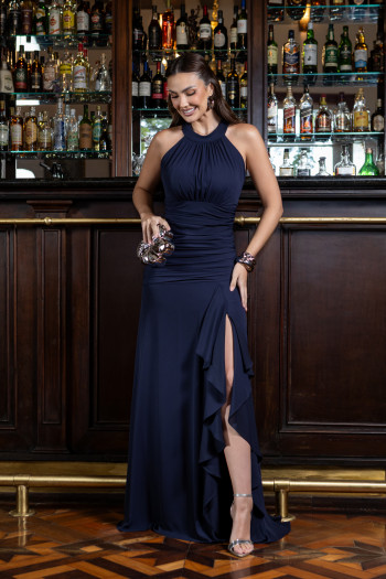 VESTIDO DE FESTA FRANCIELA GOLA ALTA FENDA BABADOS - AZUL MARINHO
