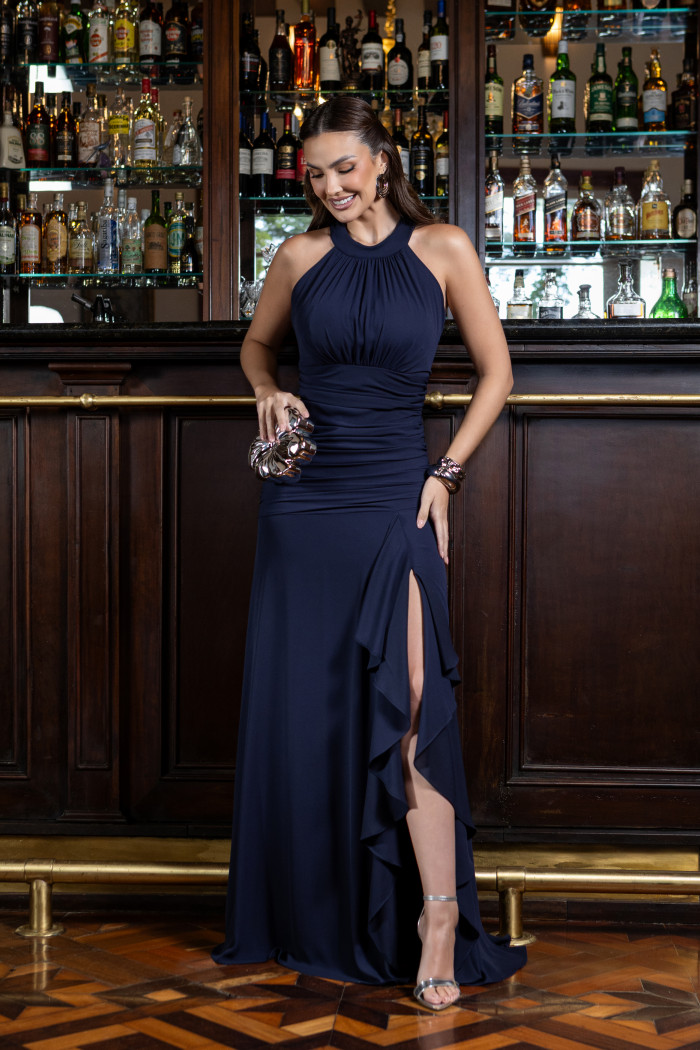 VESTIDO DE FESTA FRANCIELA GOLA ALTA FENDA BABADOS - AZUL MARINHO