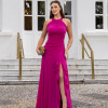 VESTIDO DE FESTA FRANCIELA GOLA ALTA FENDA BABADOS - FÚCSIA