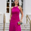 VESTIDO DE FESTA FRANCIELA GOLA ALTA FENDA BABADOS - FÚCSIA