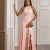VESTIDO DE FESTA FRANCIELA GOLA ALTA FENDA BABADOS - ROSÉ