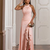 VESTIDO DE FESTA FRANCIELA GOLA ALTA FENDA BABADOS - ROSÉ