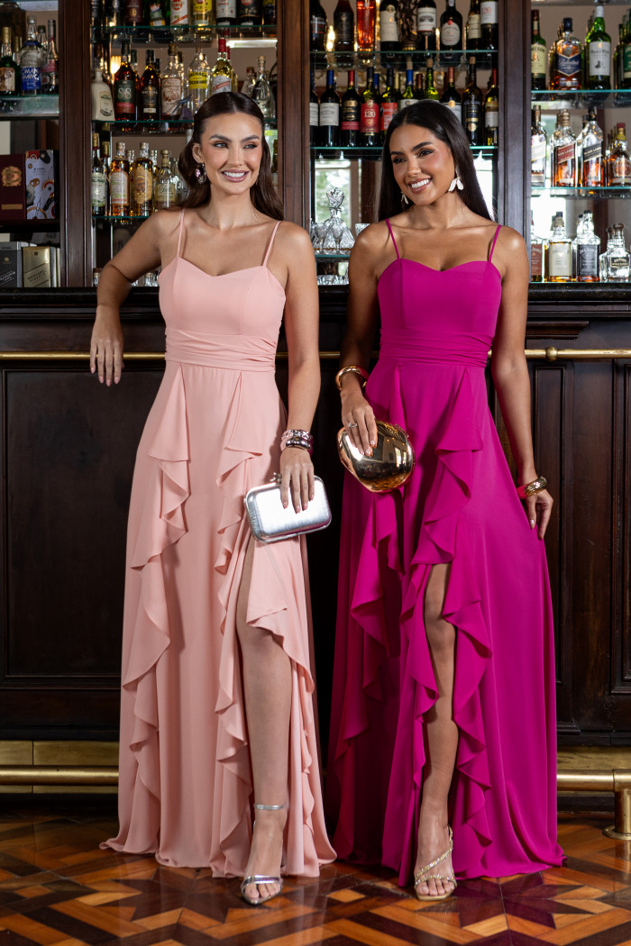 VESTIDO LIBIA CREPE BABADOS - FÚCSIA