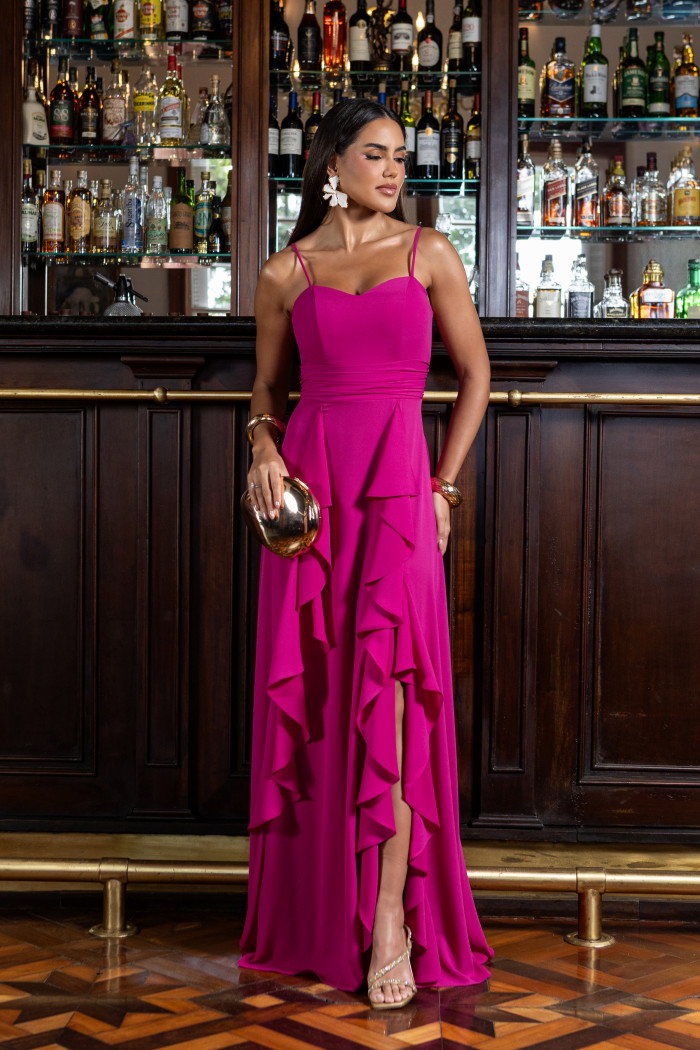 VESTIDO LIBIA CREPE BABADOS - FÚCSIA