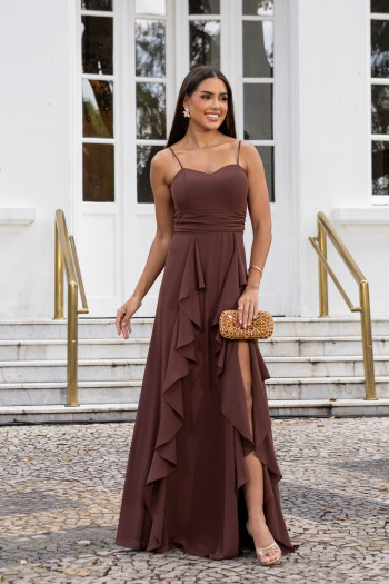 VESTIDO LIBIA CREPE BABADOS - MARROM
