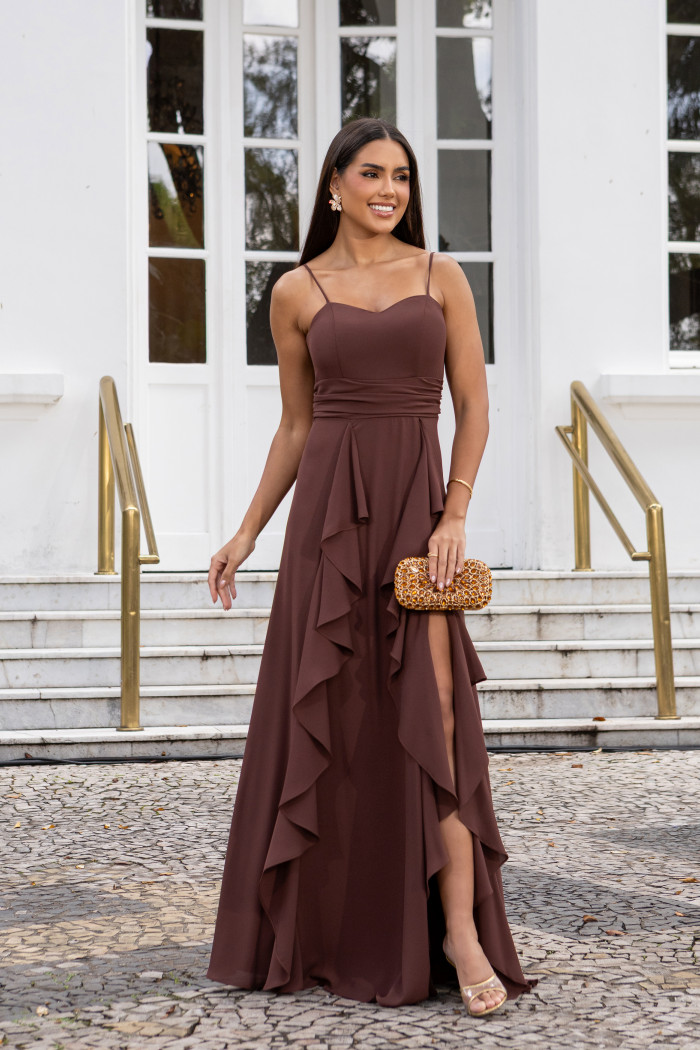 VESTIDO LIBIA CREPE BABADOS - MARROM