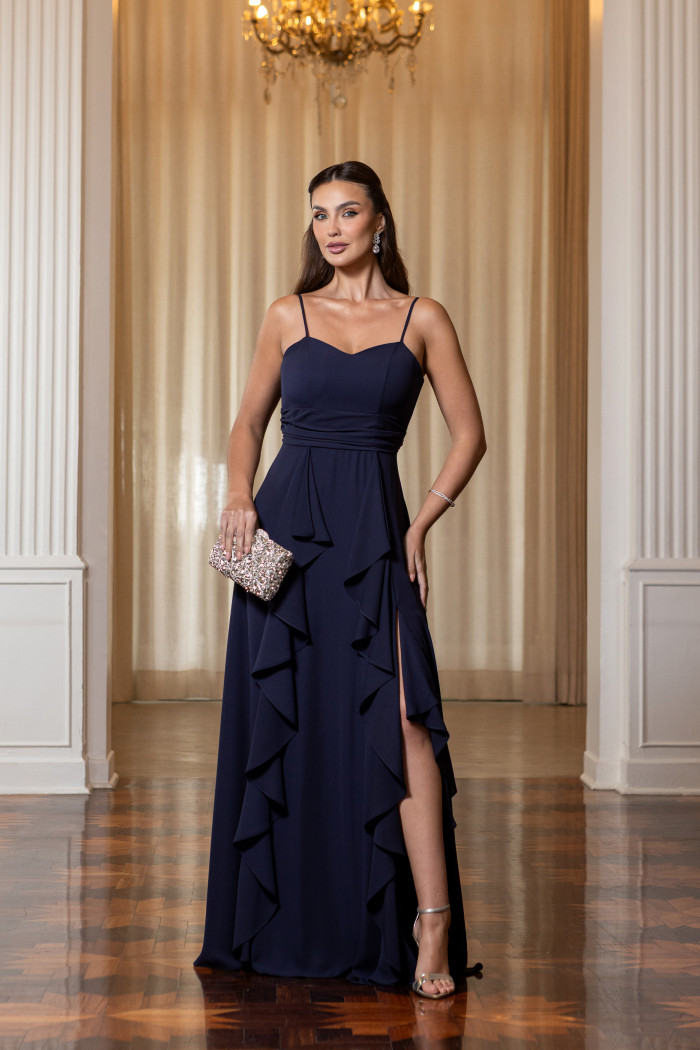 VESTIDO LIBIA CREPE BABADOS - AZUL MARINHO