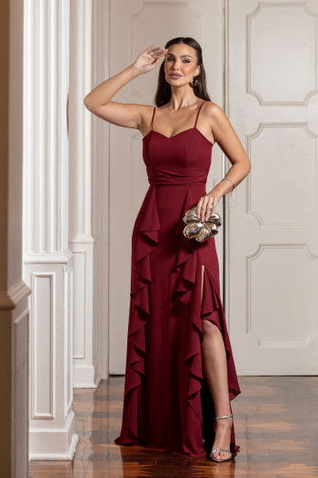 VESTIDO LIBIA CREPE BABADOS - MARSALA