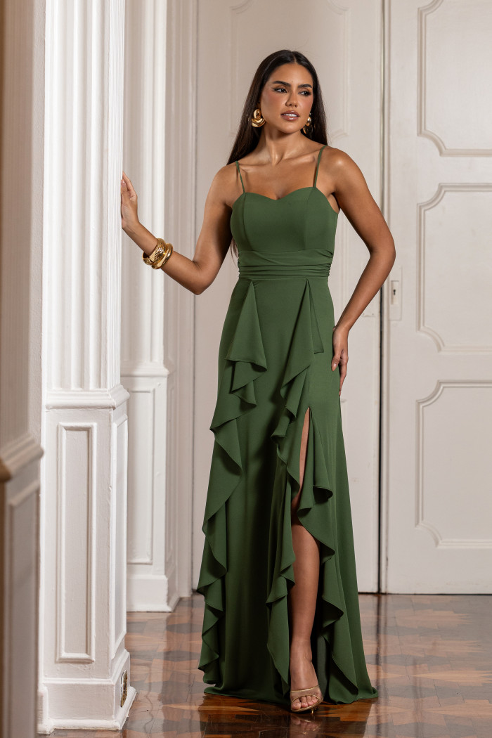 VESTIDO LIBIA CREPE BABADOS - VERDE OLIVA