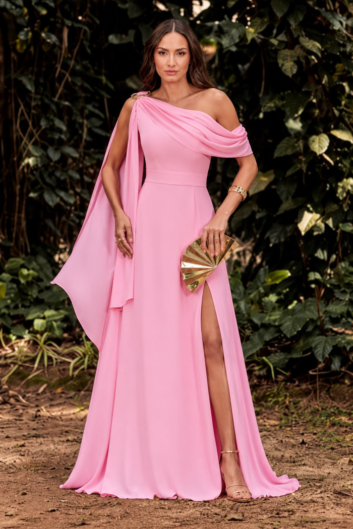 VESTIDO LIVIA UM OMBRO DETALHE FIVELA - ROSA BEBÊ