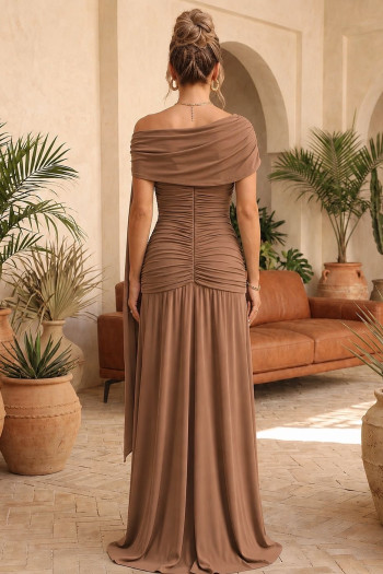 VESTIDO RIVIA LONGO DRAPEADO COM CAPA - CAPUCCINO