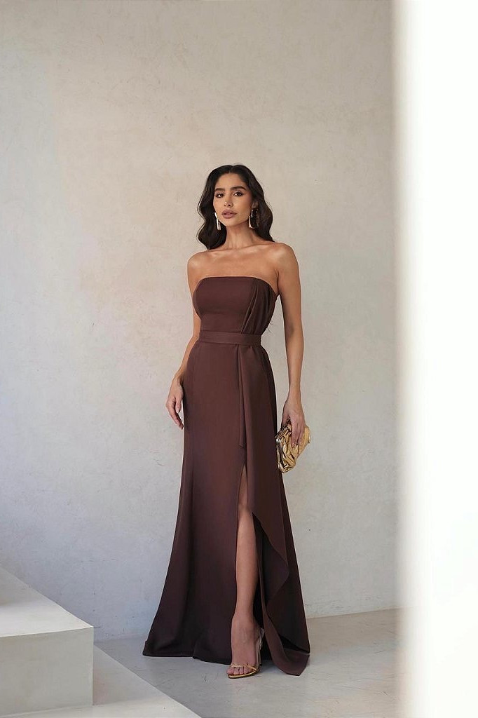 VESTIDO DE FESTA BRUXELAS CREPE FENDA - MARROM