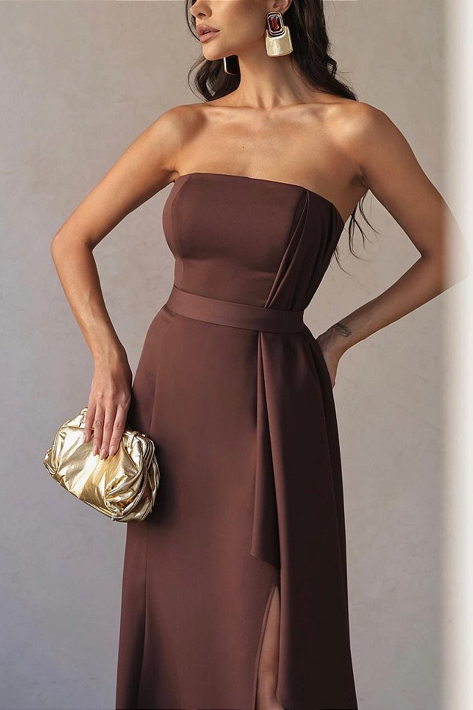 VESTIDO DE FESTA BRUXELAS CREPE FENDA - MARROM