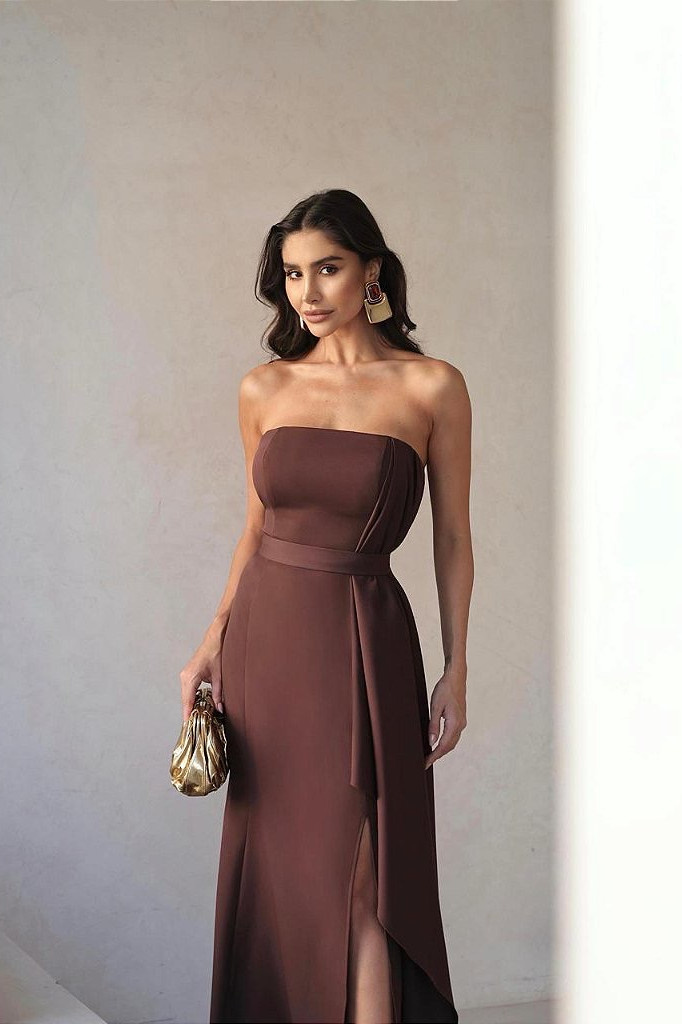 VESTIDO DE FESTA BRUXELAS CREPE FENDA - MARROM