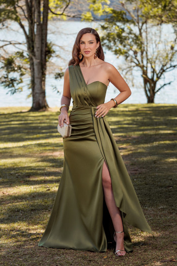VESTIDO DE FESTA AMÁLIA LONGO UM OMBRO - VERDE OLIVA