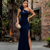 VESTIDO DE FESTA NULA MANGA FLOWERS CREPE FRANCÊS - AZUL MARINHO