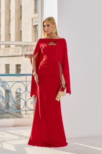VESTIDO DE FESTE JOANE CREPE ALFAIATARIA COM CAPA - VERMELHO