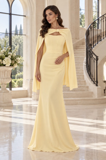 VESTIDO DE FESTE JOANE CREPE ALFAIATARIA COM CAPA - AMARELO MANTEIGA