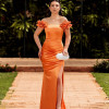 VESTIDO DE FESTA SABRINA CREPE ACETINADO FENDA - LARANJA
