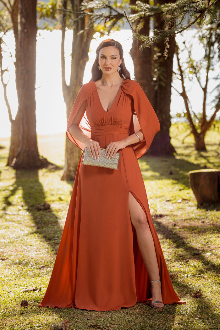 VESTIDO VALERIE CAUDA COSTAS CREPE MUSSELINE - TERRACOTA