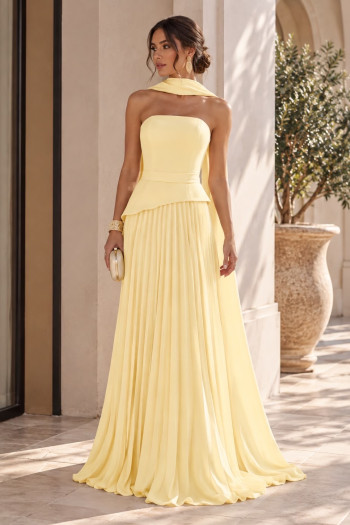 VESTIDO DE FESTA MAITÊ SAIA PLISSADA CHOKER - AMARELO MANTEIGA