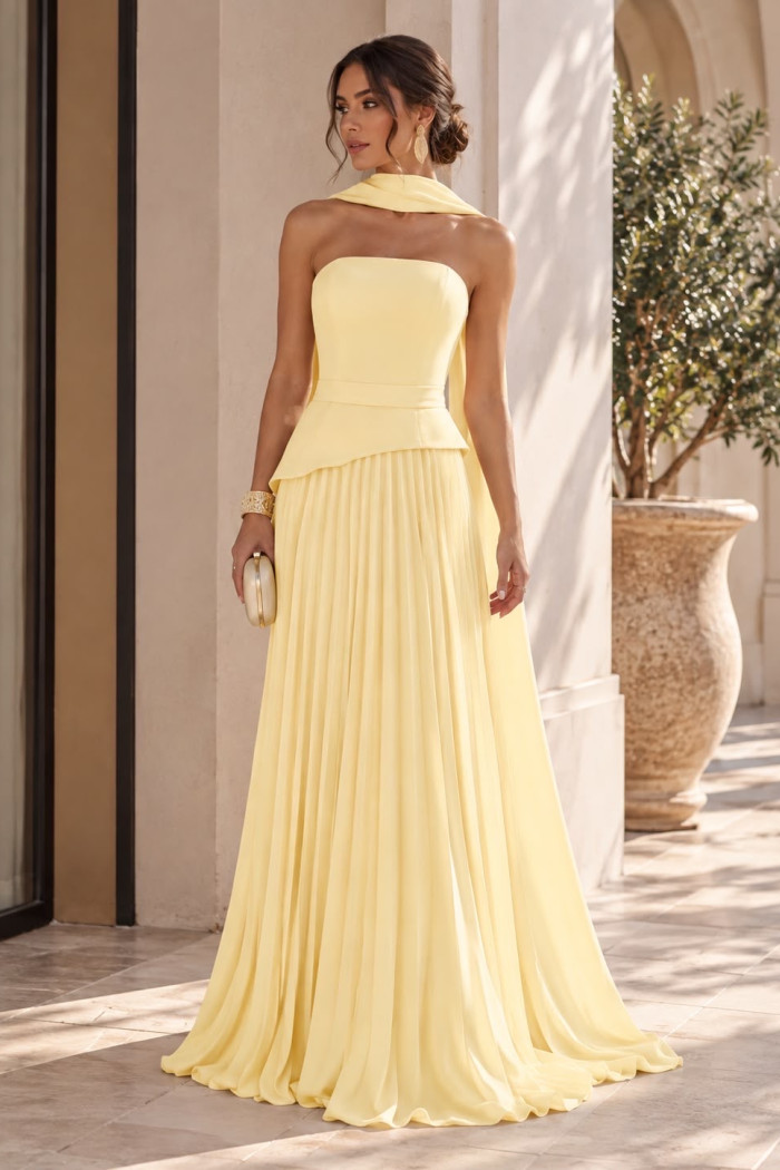 VESTIDO DE FESTA MAITÊ SAIA PLISSADA CHOKER - AMARELO MANTEIGA