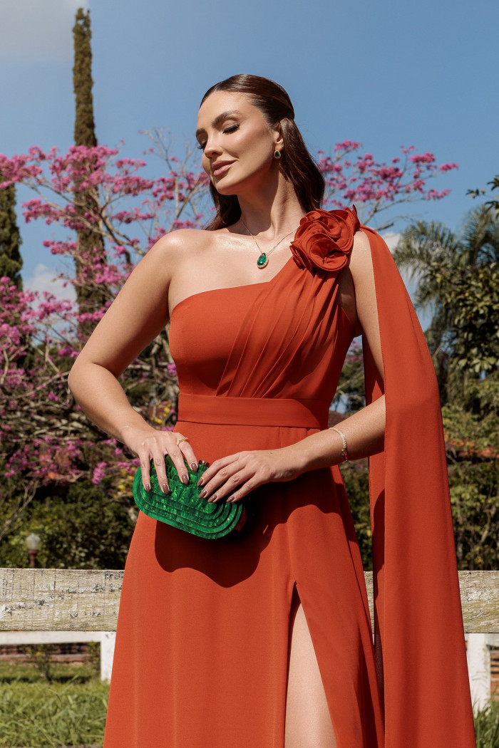 VESTIDO DE FESTA RANCHCORE MANGA AMPLA OMBRO - TERRACOTA