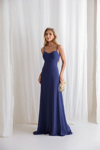 VESTIDO ANTONIETA LONGO CHIFFON CAPA BABADOS - AZUL MARINHO