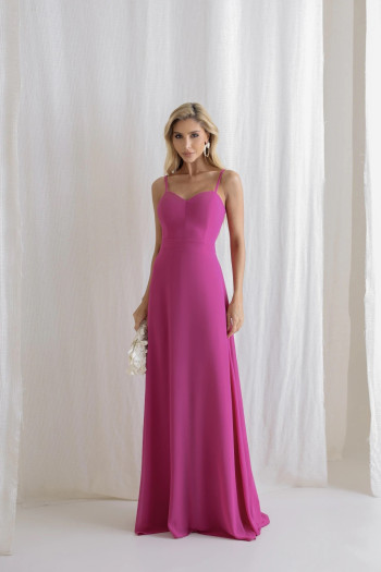 VESTIDO ANTONIETA LONGO CHIFFON CAPA BABADOS - FÚCSIA