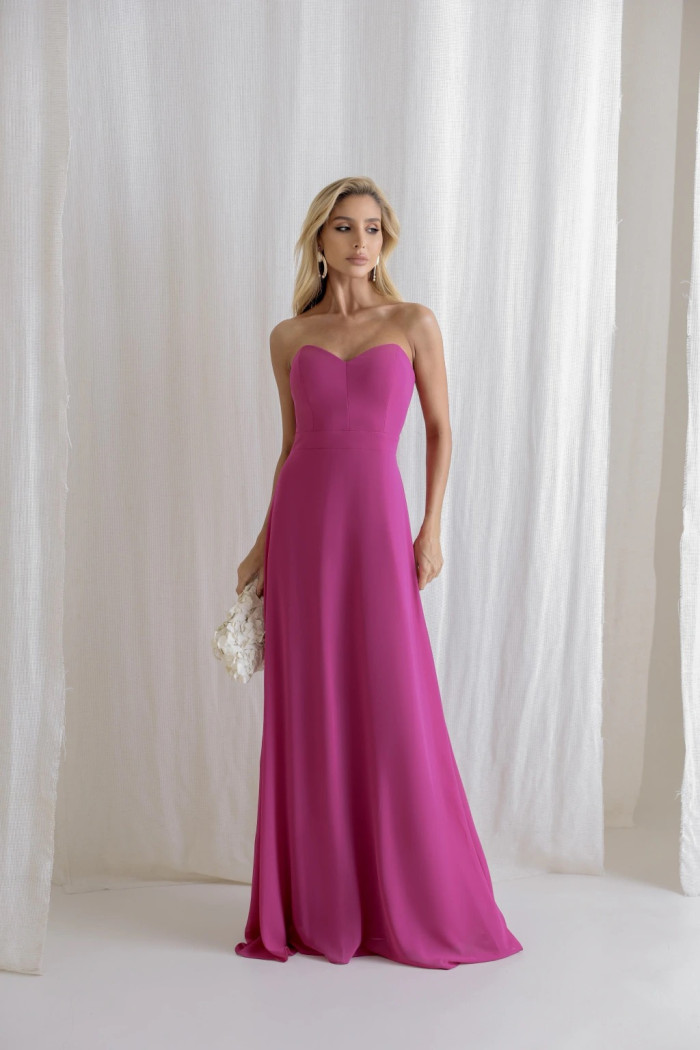 VESTIDO ANTONIETA LONGO CHIFFON CAPA BABADOS - FÚCSIA