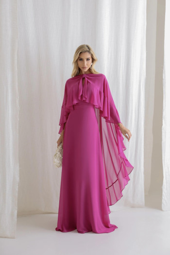 VESTIDO ANTONIETA LONGO CHIFFON CAPA BABADOS - FÚCSIA