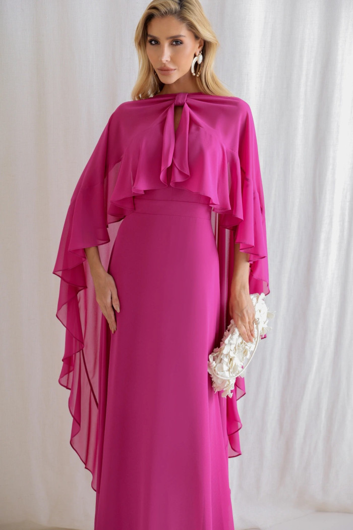VESTIDO ANTONIETA LONGO CHIFFON CAPA BABADOS - FÚCSIA