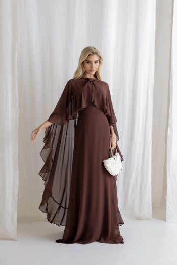 VESTIDO ANTONIETA LONGO CHIFFON CAPA BABADOS - MARROM
