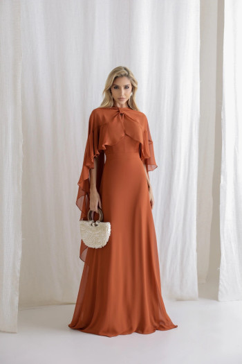 VESTIDO ANTONIETA LONGO CHIFFON CAPA BABADOS - TERRACOTA