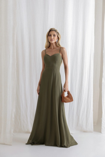 VESTIDO ANTONIETA LONGO CHIFFON CAPA BABADOS - VERDE OLIVA