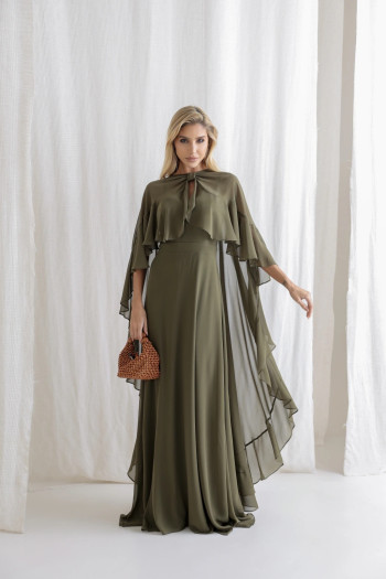 VESTIDO ANTONIETA LONGO CHIFFON CAPA BABADOS - VERDE OLIVA