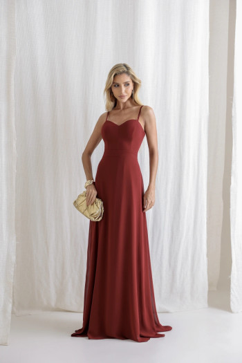 VESTIDO ANTONIETA LONGO CHIFFON CAPA BABADOS - VINHO