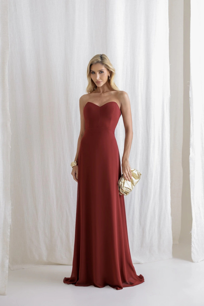 VESTIDO ANTONIETA LONGO CHIFFON CAPA BABADOS - VINHO
