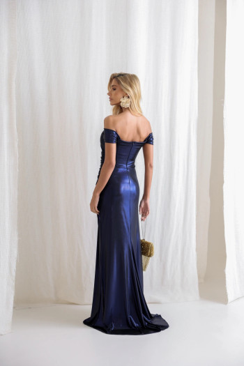 VESTIDO CRETA ACETINADO DRAPEADO - AZUL MARINHO